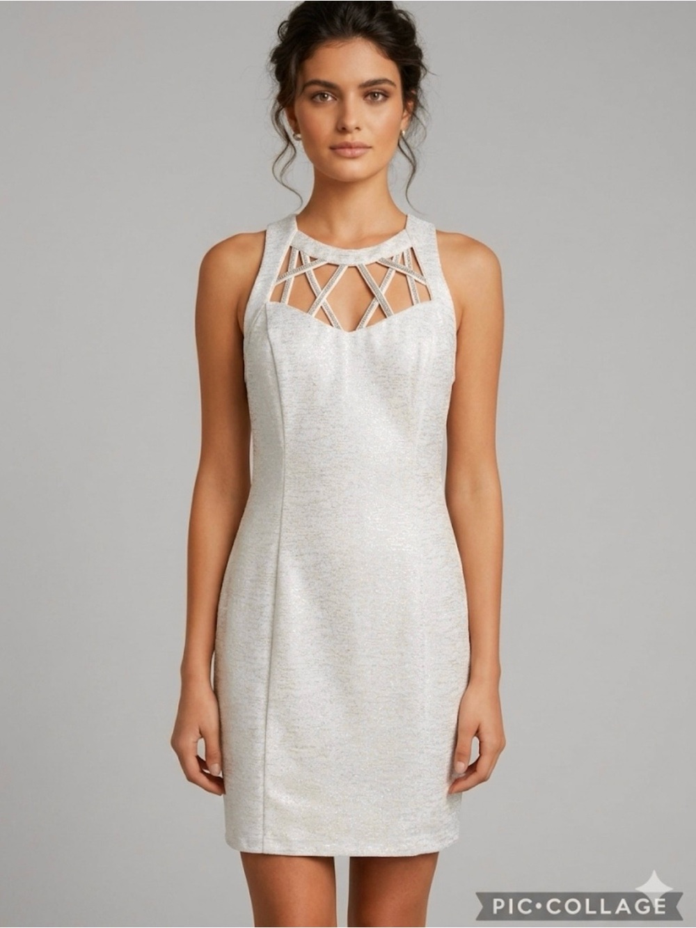 Guess Dress Off White Silver Metallic Beaded Sheath Mini 8 Quiet Luxury Cocktail